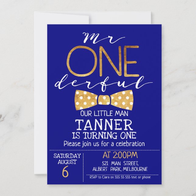 Navy Blue Mr One-derful Birthday Invitation (Front)