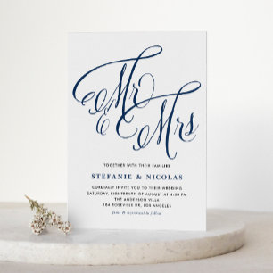 Navy Blue Mrs & Mrs Rustic Script QR Code Wedding Invitation