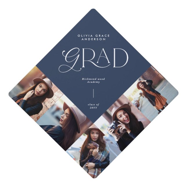Navy blue multi photo modern contemporary graduation cap topper (Front)