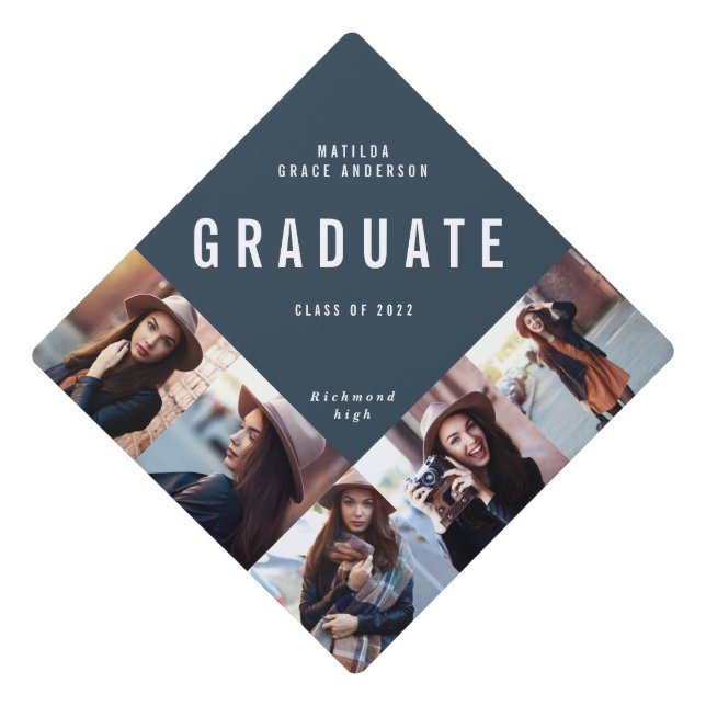 Navy blue multi photo modern contemporary graduation cap topper (Front)