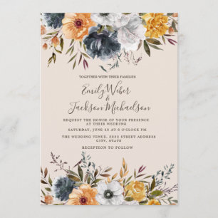 Navy Blue Mustard Yellow Floral Greenery Wedding Invitation