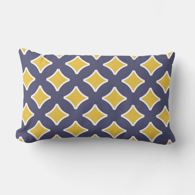 Navy blue, mustard yellow, white, modern lumbar pillow (Front)