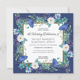 Navy Blue n Gold Watercolor Poppy Floral Wedding Invitation
