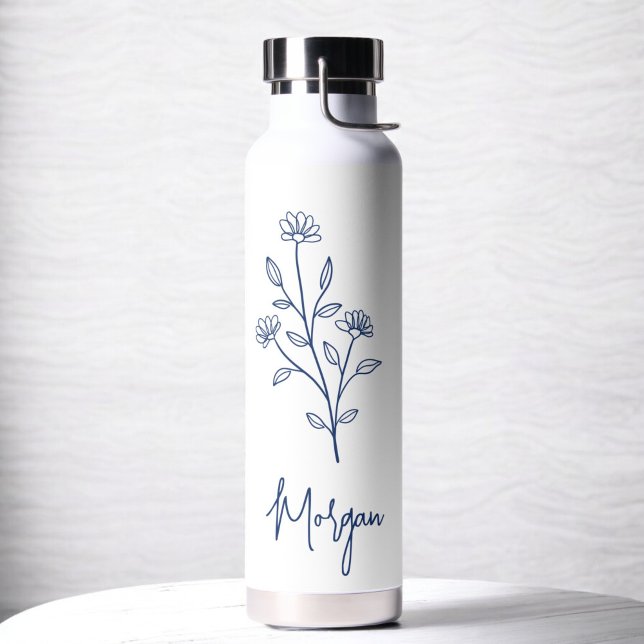 Navy Blue Name Floral Bachelorette Bridal  Water Bottle (Creator Uploaded)