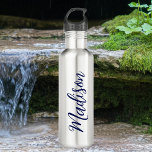 Navy Blue Name Handwritten Script Custom 710 Ml Water Bottle<br><div class="desc">A trendy navy blue personalized monogram water bottle for a girl or guy who loves simple,  handwritten gifts. Beautiful cursive script down the side of your bottle spelling out your name in cool typography.</div>