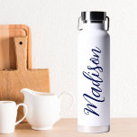 Navy Blue Name Handwritten Script Custom Water Bottle<br><div class="desc">A trendy navy blue personalized monogram water bottle for a girl or guy who loves simple,  handwritten gifts. Beautiful cursive script down the side of your bottle spelling out your name.</div>