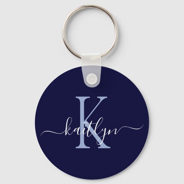 Navy Blue Name Initial Monogram Keychain (Front)