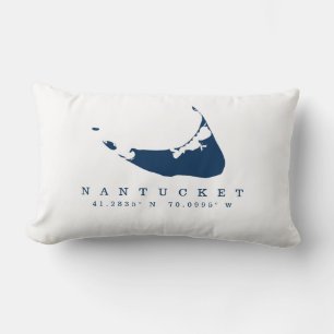 Navy Blue Nantucket Island Map and Coordinates Lumbar Pillow