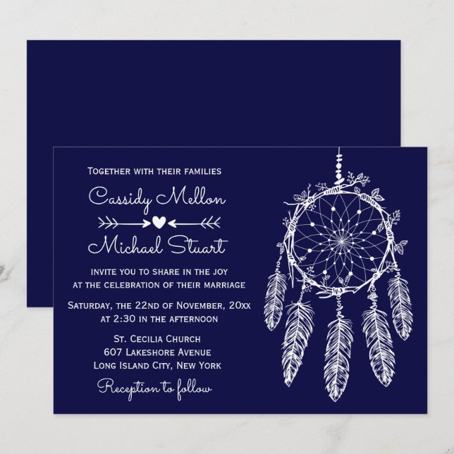 Navy Blue Native American Dream Catcher Wedding Invitation (Front/Back)