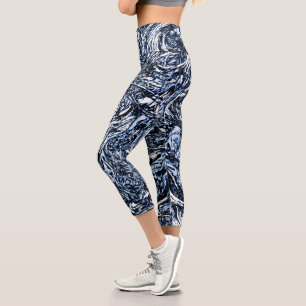 Navy Blue Nature Abstract Pattern Capri Leggings