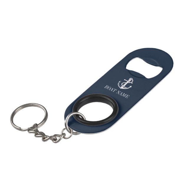 Navy Blue Nautical Anchor Boat Name Keychain Bottl Keychain Bottle Opener (Front Angled)