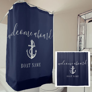Navy Blue Nautical Anchor Boat Name Welcome Aboard