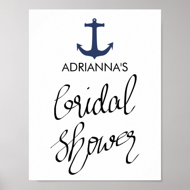 Navy Blue Nautical Anchor Bridal Shower Typography Poster (Front)