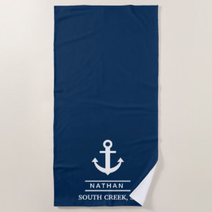 Navy Blue Nautical Anchor Custom Monogram Name Beach Towel
