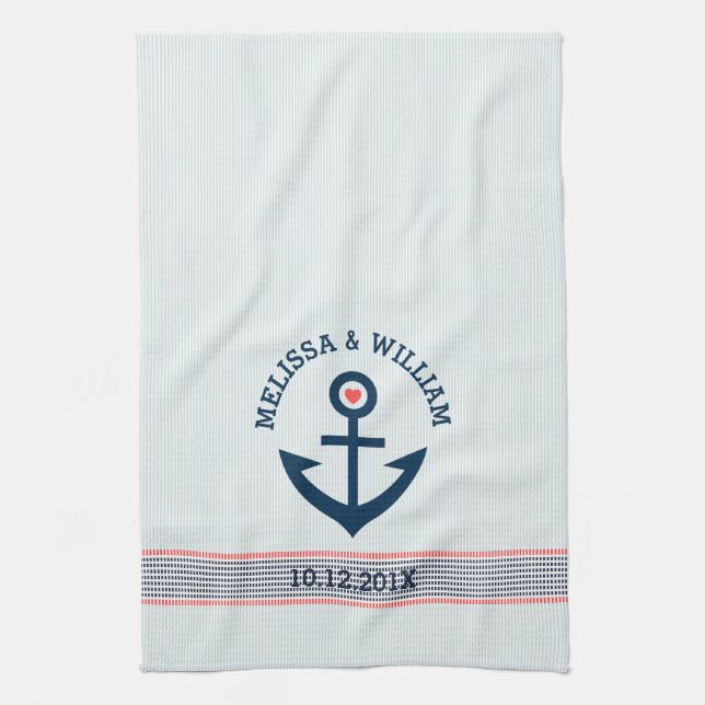 Navy Blue Nautical Anchor & Decorative Stripes Kitchen Towel (Vertical)