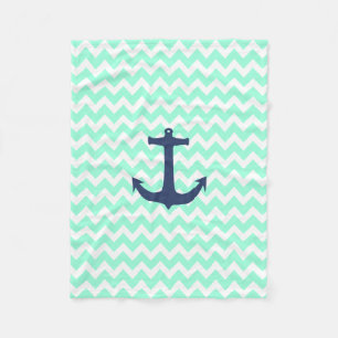 Navy Blue Nautical Anchor Mint Blue Chevron Fleece Blanket