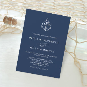 Navy Blue Nautical Anchor Monogram Minimal Wedding Invitation