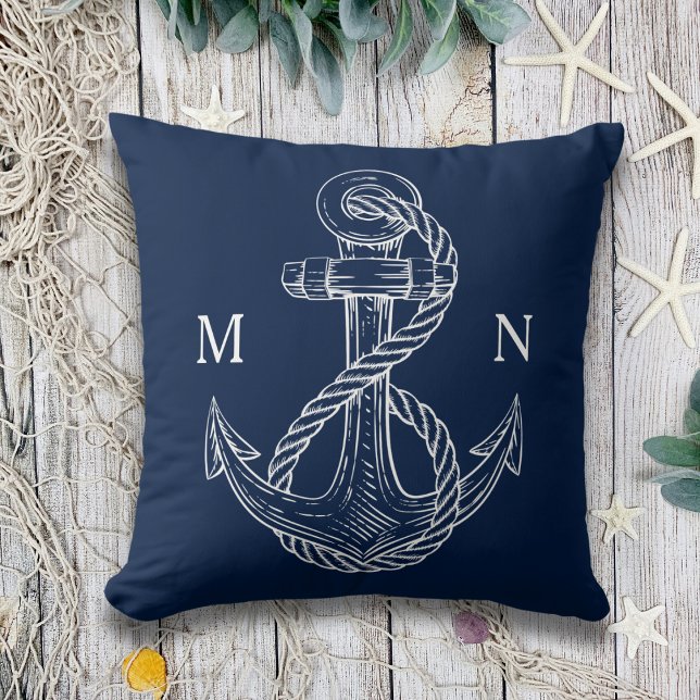 Navy Blue Nautical Anchor Monogram Outdoor Throw Pillow (Creator Uploaded)