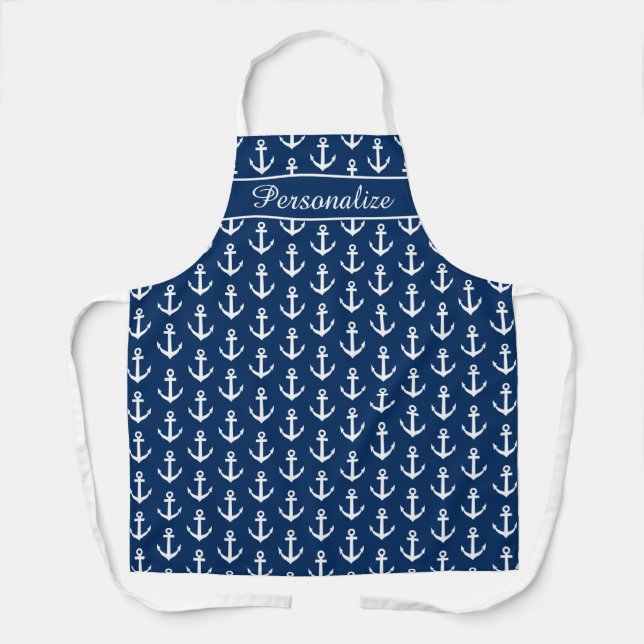 Navy blue nautical anchor pattern personalized apron (Front)