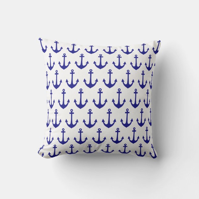 Navy Blue Nautical Anchor Pattern Throw Pillow (Front)