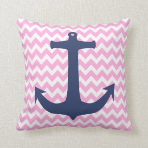 Navy Blue Nautical Anchor Pink White Chevron Throw Pillow
