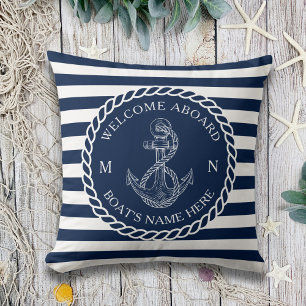 Navy Blue Nautical Anchor Rope Welcome Outdoor Throw Pillow
