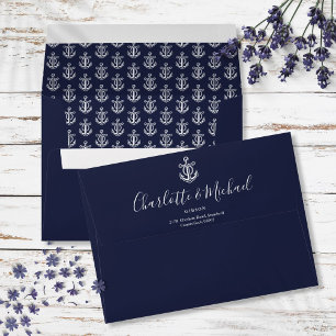 Navy Blue Nautical Anchor Script Return Address Envelope