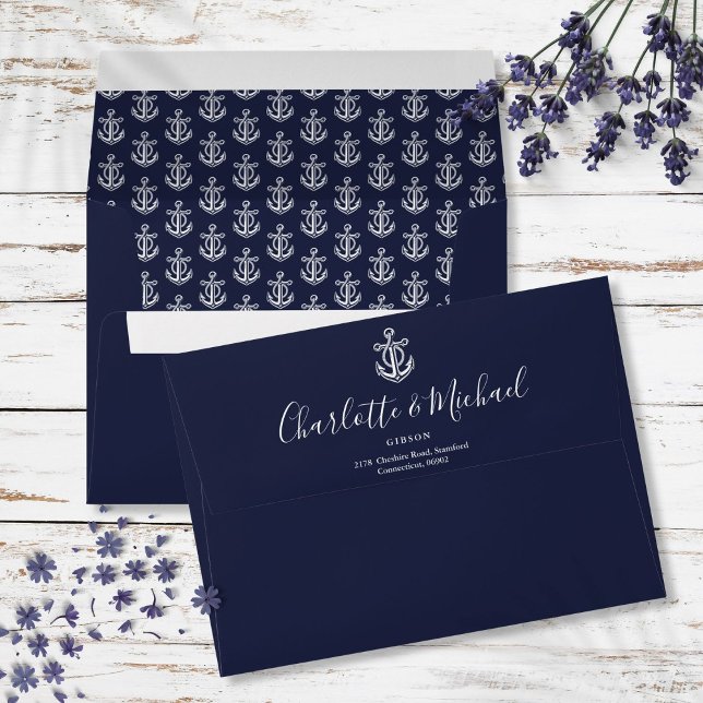 Navy Blue Nautical Anchor Script Return Address Envelope (Navy Blue Nautical Anchor Script Return Address Envelope)