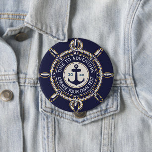 Navy Blue Nautical Anchor & Ship's Wheel Adventure 4 Inch Round Button