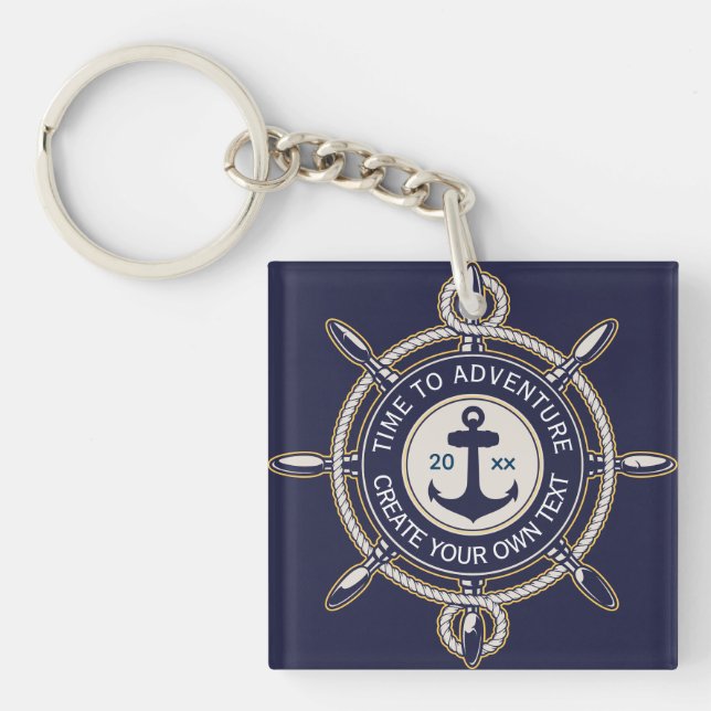 Navy Blue Nautical Anchor & Ship's Wheel Adventure Keychain (Front)