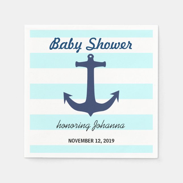 Navy Blue Nautical Anchor Stripes Baby Shower Napkin (Front)