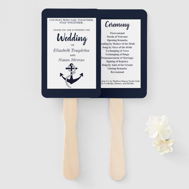 Navy Blue Nautical Anchor Wedding Program Hand Fan (Front and Back)