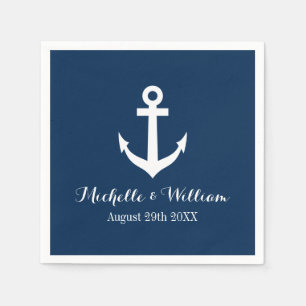 Navy blue nautical anchors aweigh wedding napkins