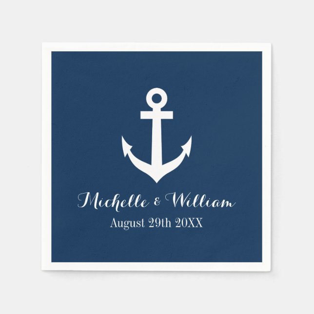 Navy blue nautical anchors aweigh wedding napkins (Front)