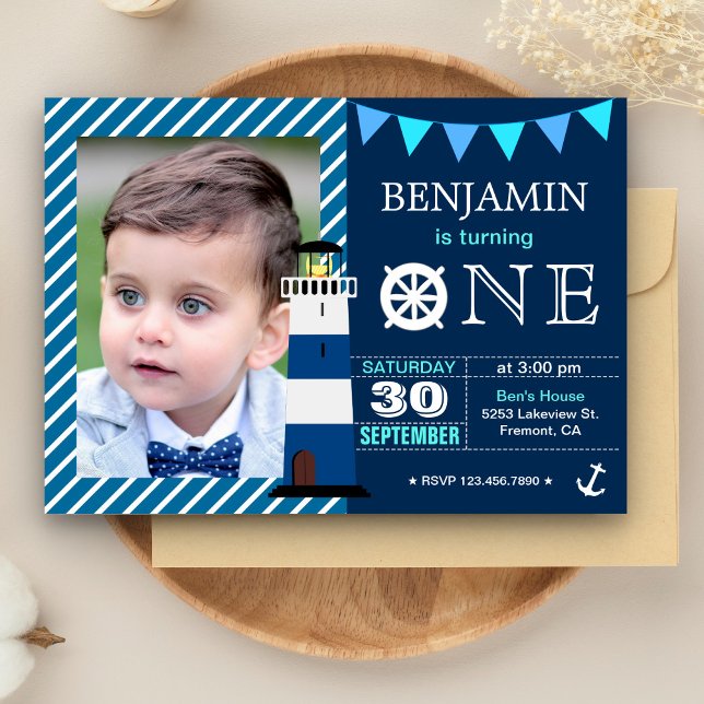 Navy Blue Nautical Baby Boy 1st Birthday Party Invitation (Creator Uploaded)