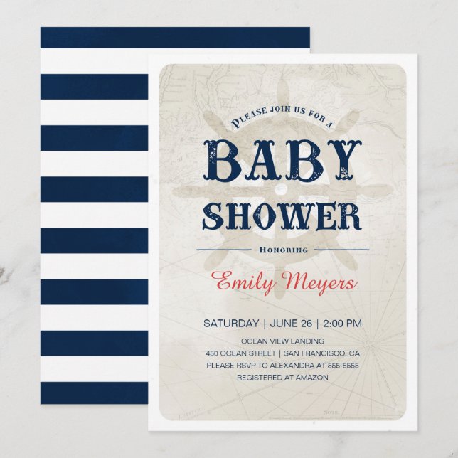 Navy Blue Nautical Baby Shower Invitation (Front/Back)