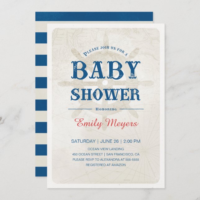 Navy Blue Nautical Baby Shower Invitation (Front/Back)