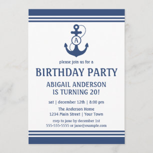 Navy Blue Nautical Birthday Party Invitations