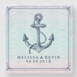 Navy Blue Nautical Boat Anchor Abstract Waves Stone Coaster