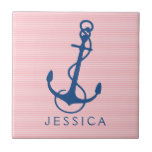 Navy Blue Nautical Boat Anchor On Pink Tile<br><div class="desc">Navy blue nautical boat anchor 2 illustration with light pink and white tin stripes pattern. Customizable monogram with navy blue stripes accents. If you need any help customizing any of my designs,  contact ArtOnWear designer. Free text formatting with live help available by request.</div>