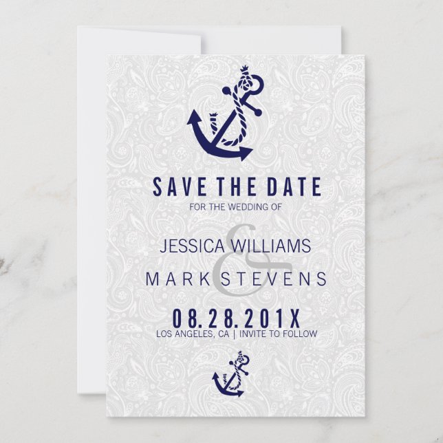 Navy Blue Nautical Boat Anchor Save The Date (Front)