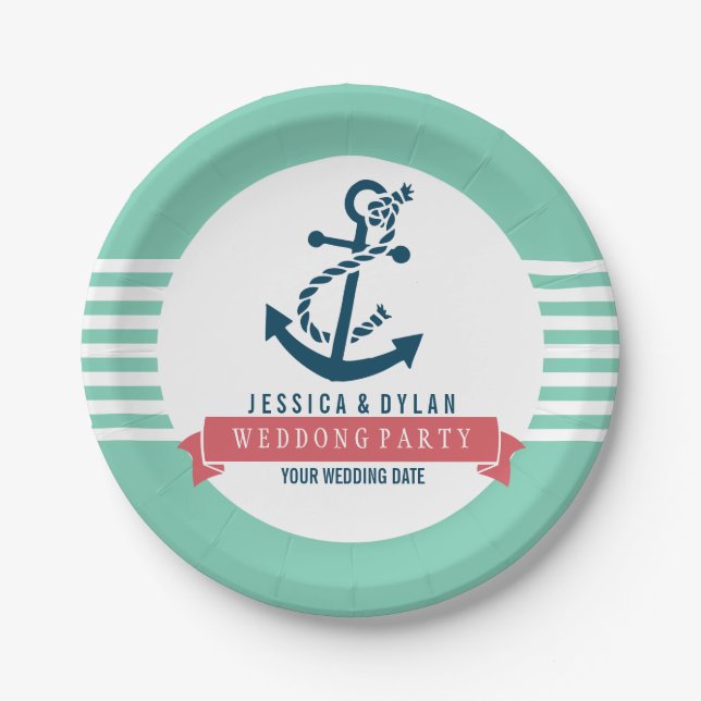 Navy Blue Nautical Boat Anchor White Stripes Paper Plate (Front)