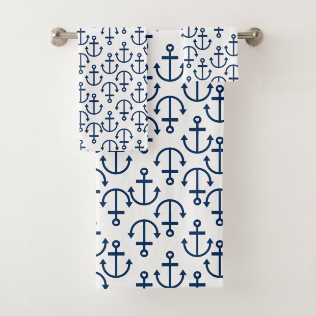 Navy-blue nautical boat anchors bath towel set (Insitu)