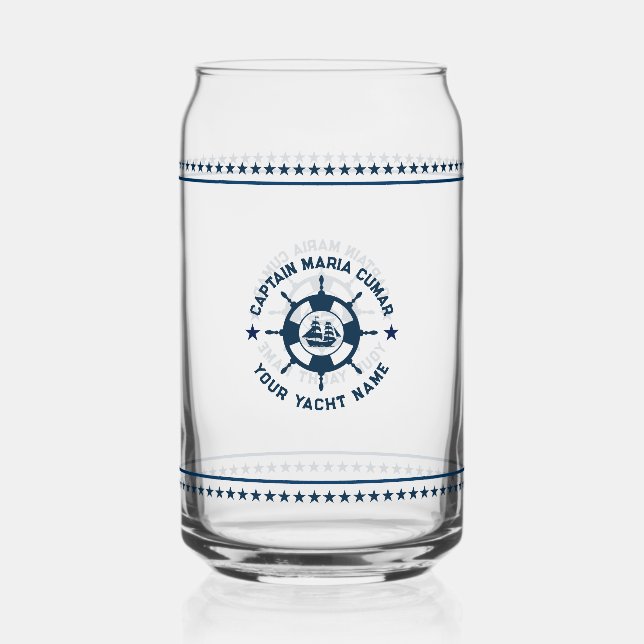 Navy Blue Nautical Boat Wheel Blue Stars Can Glass (Front)