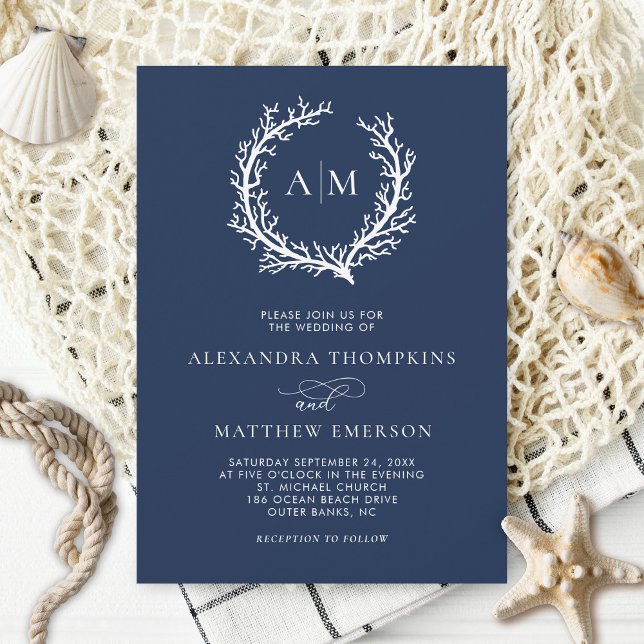 Navy Blue Nautical Coral Reef Wedding Invitation (Creator Uploaded)