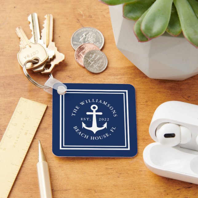 Navy Blue Nautical Custom Name Boat Anchor Keychain (Desk)