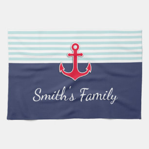 Navy Blue Nautical Design Custom Family Name Kitchen Towel