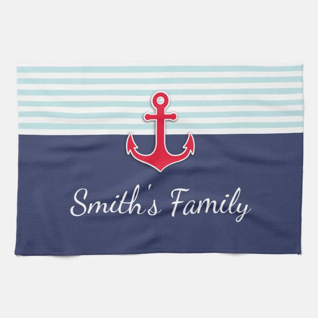 Navy Blue Nautical Design Custom Family Name Kitchen Towel (Horizontal)