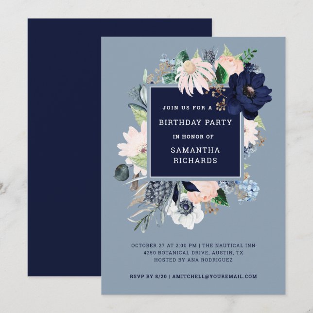 Navy Blue Nautical Floral | Birthday Party Invitation (Front/Back)