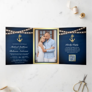 Navy Blue Nautical Gold Anchor QR Code Wedding Tri-Fold Invitation